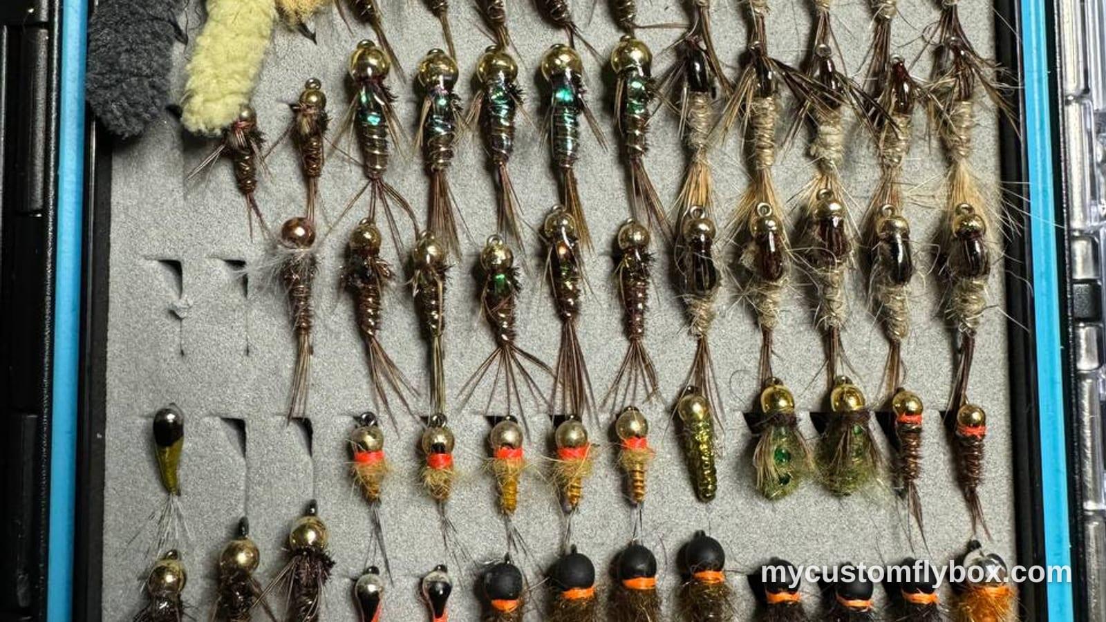 A fly box filled with nymphs and trout flies