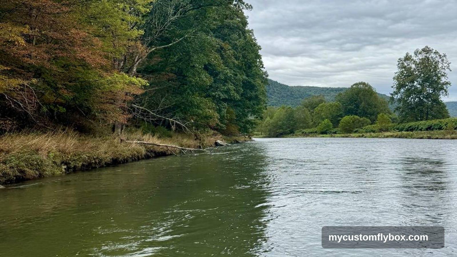 Low, clear trout water flowing past a wooded bank under an overcast sky