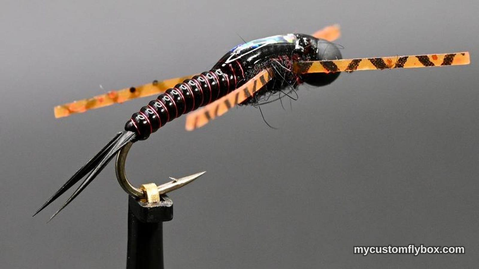 Black and orange stonefly nymph pattern tied for fast pocket water trout