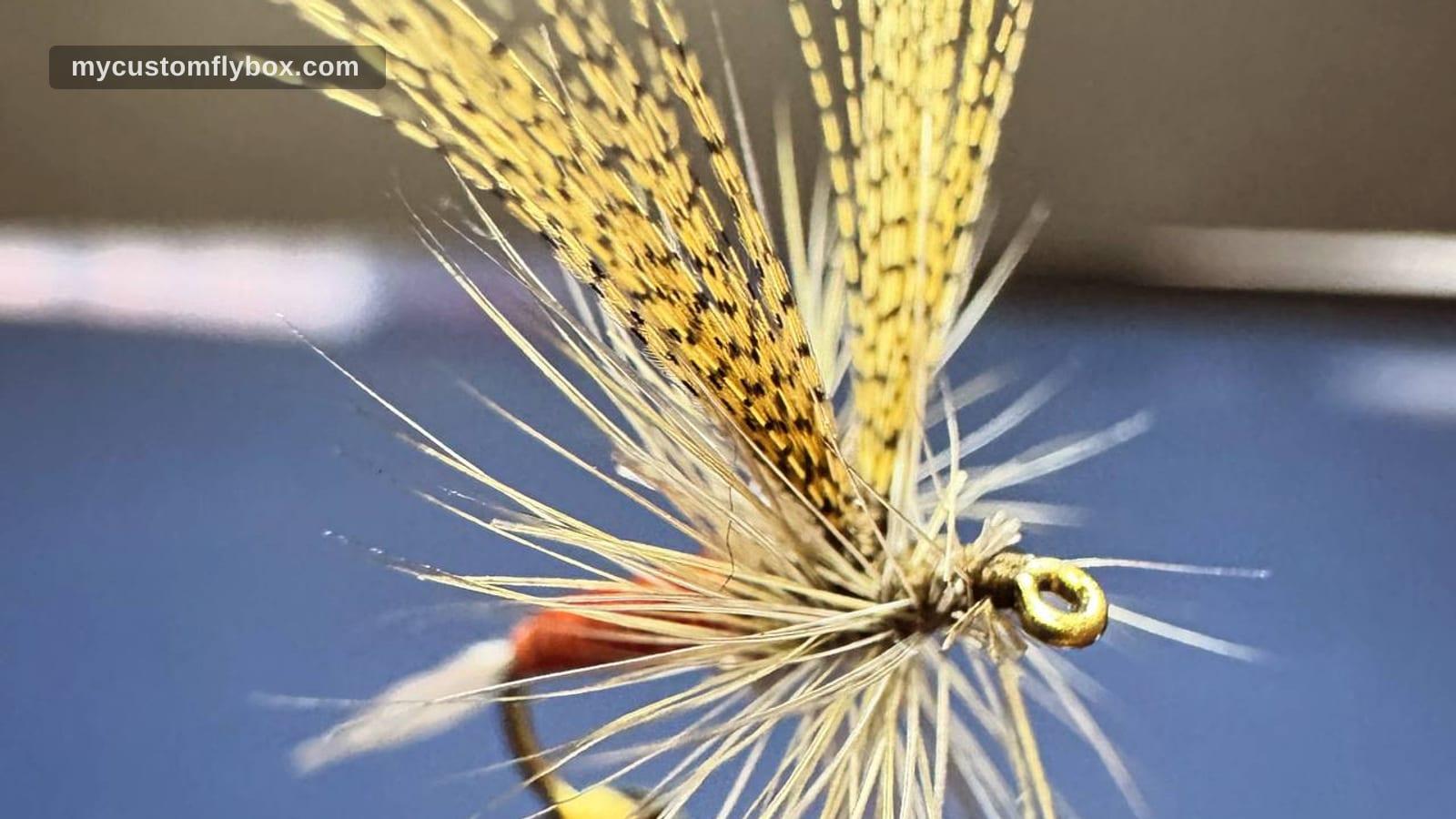 Close-up of a Catskills dry fly with mottled upright wings in the tying vise