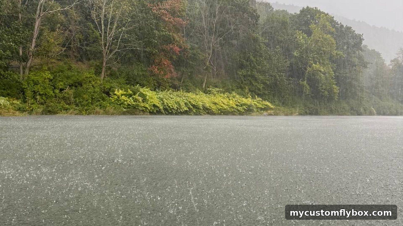 Heavy rain falling across a trout river