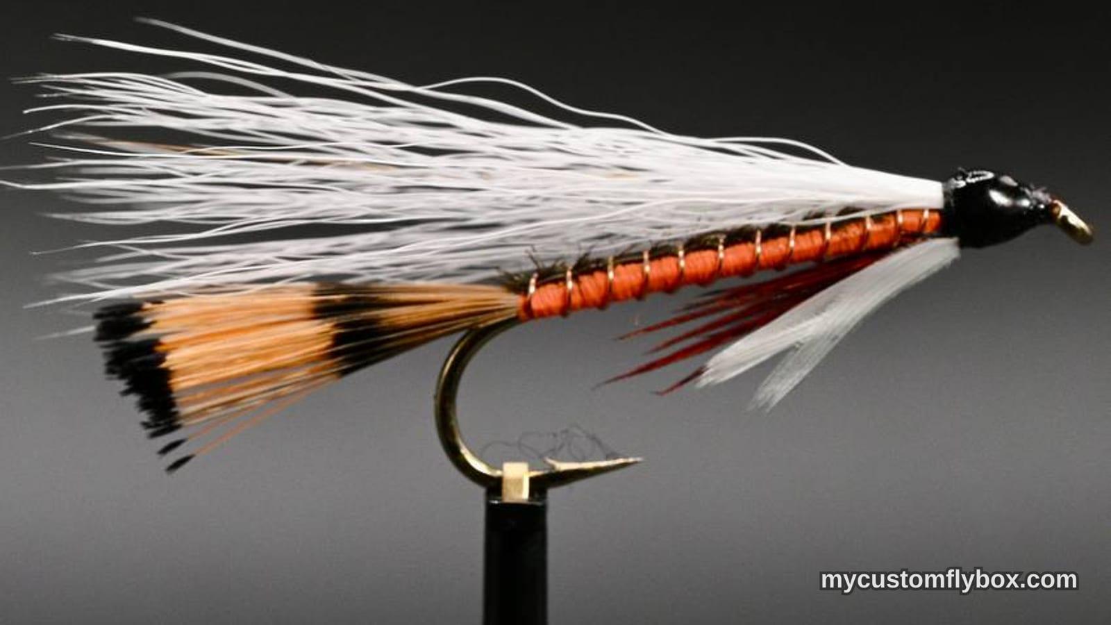 Classic white-wing streamer with orange body and barred tail held in a vise