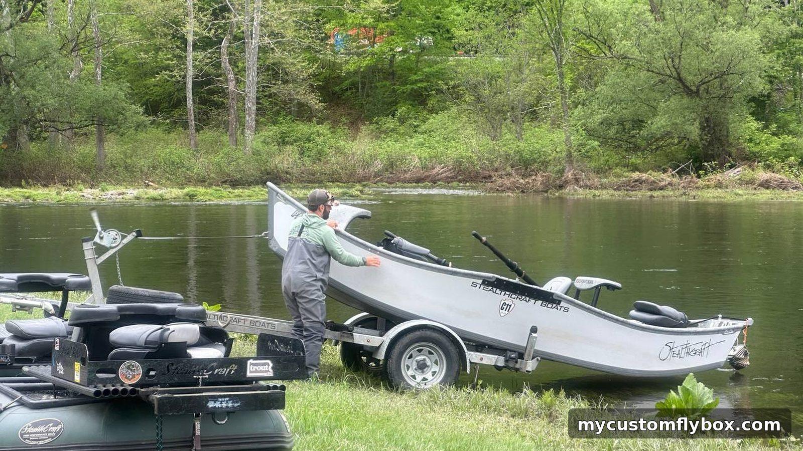 Angler launching a drift boat under cool cloudy conditions