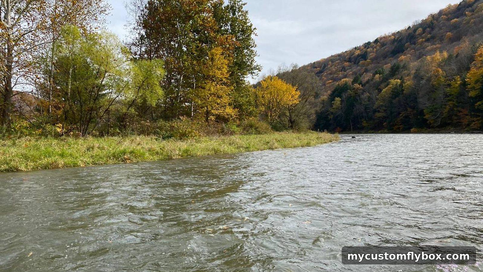 Catskills-style trout river bordered by autumn foliage