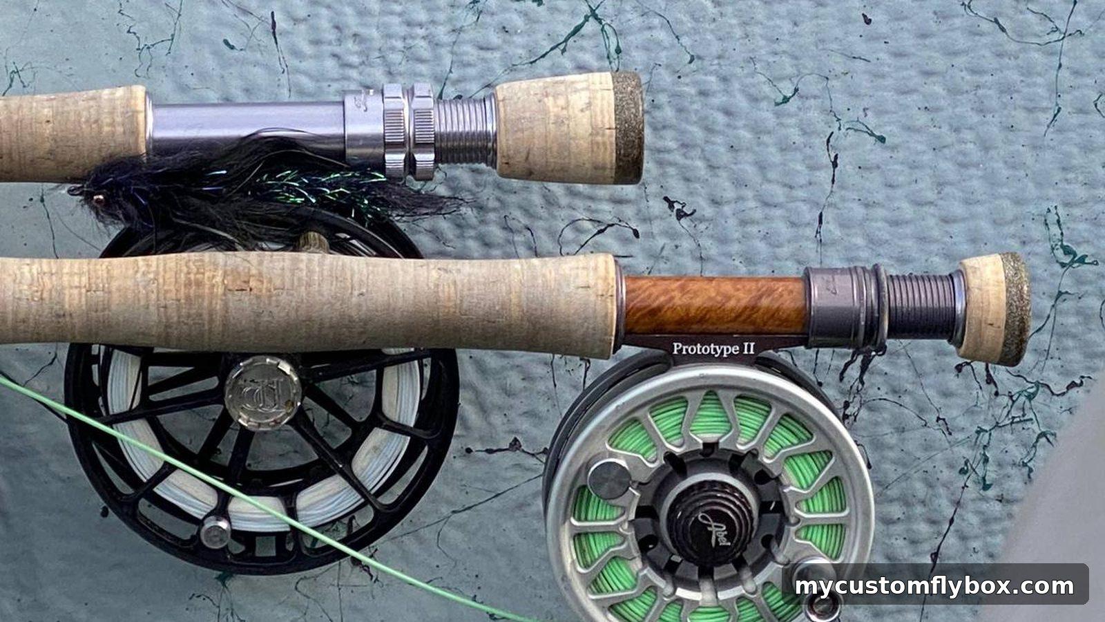 Two fly rods and reels prepared beside the water