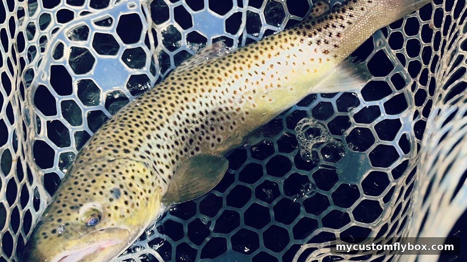 Brown trout resting in a rubber landing net