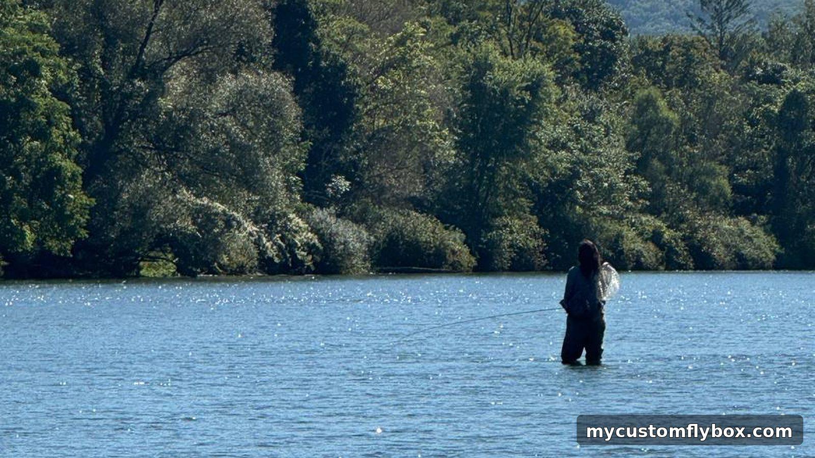 Fly angler wading carefully through a wide trout river