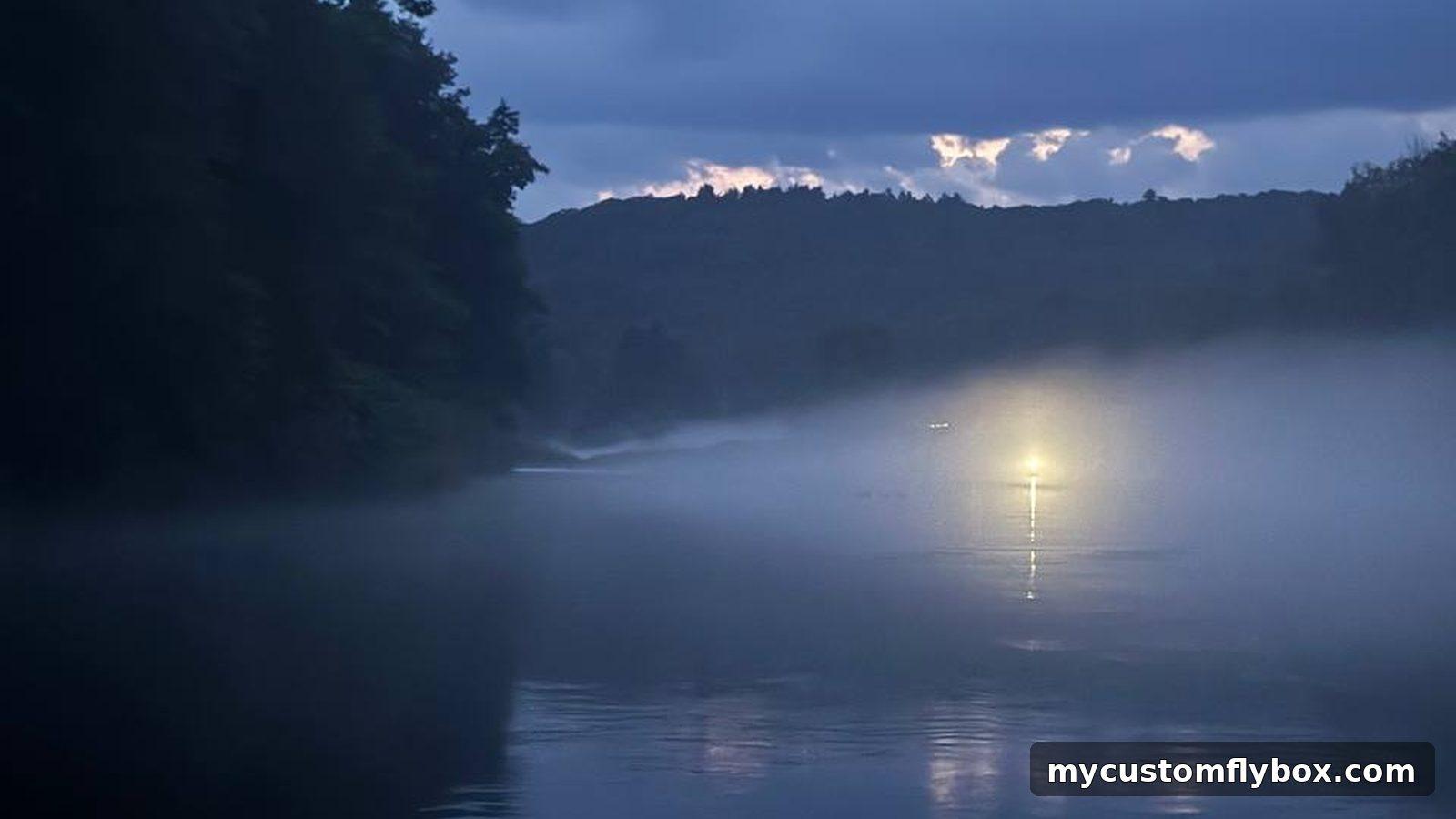 Fog settling over a cold trout river at dawn