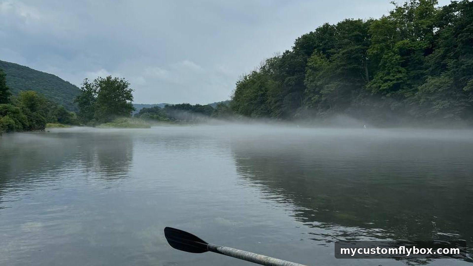 Misty winter river viewed from a drift boat