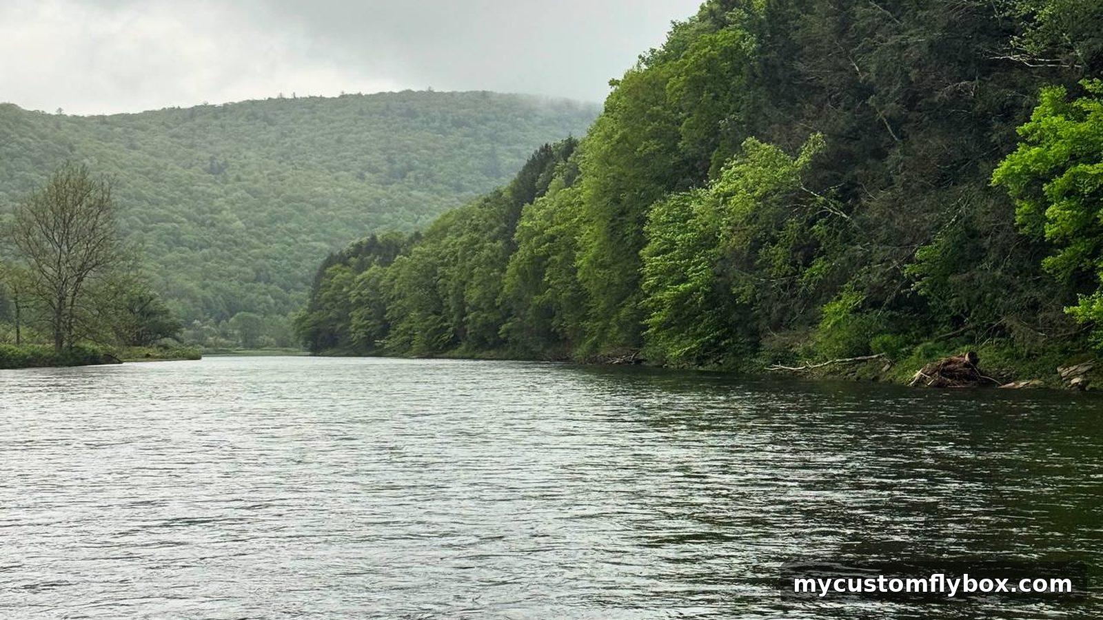 Broad trout river beneath a cloudy early-season sky