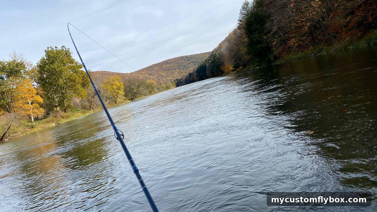 Fly rod extended over a Catskills river in autumn