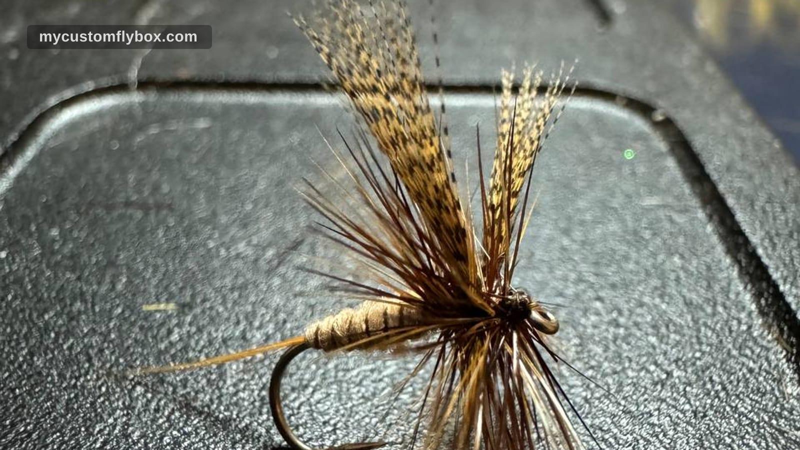 Close-up of a Catskills dry fly on a tying bench