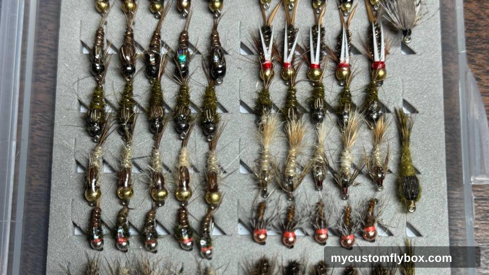 A My Custom FlyBox fly box packed with small nymphs, soft hackles, and attractor flies for brook trout streams.